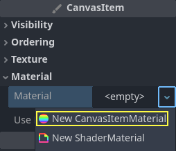 Creating a CanvasItemMaterial at the bottom of the particles node inspector